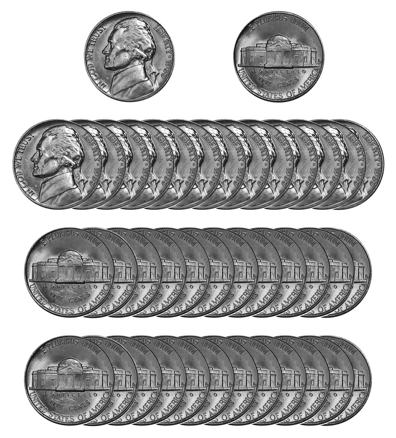 1960 D Jefferson Nickel Choice/Gem BU Roll (40 Coins)