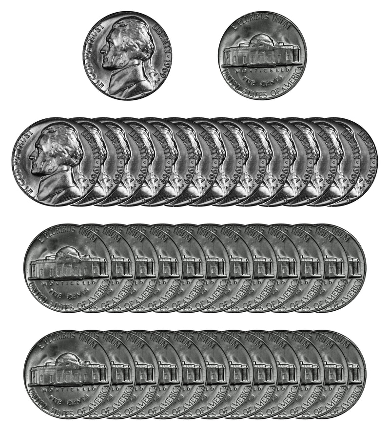 1969 D Jefferson Nickel Choice/Gem BU Roll (40 Coins)