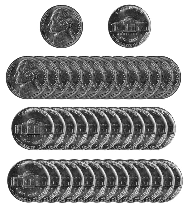1990 P Jefferson Nickel Choice/Gem BU Roll (40 Coins)