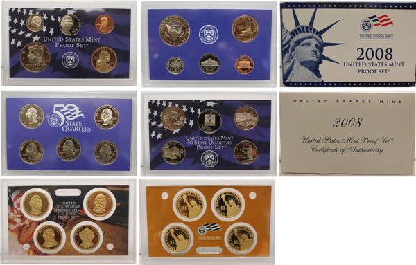 2008 Proof set 10 Pack CN-Clad Kennedy, Presidential Dollar, State quarters OGP 140 coins