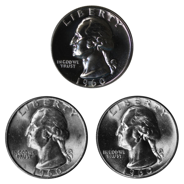 1960 P P D Washington Quarter 25c Year set Proof & BU US 3 Coin lot