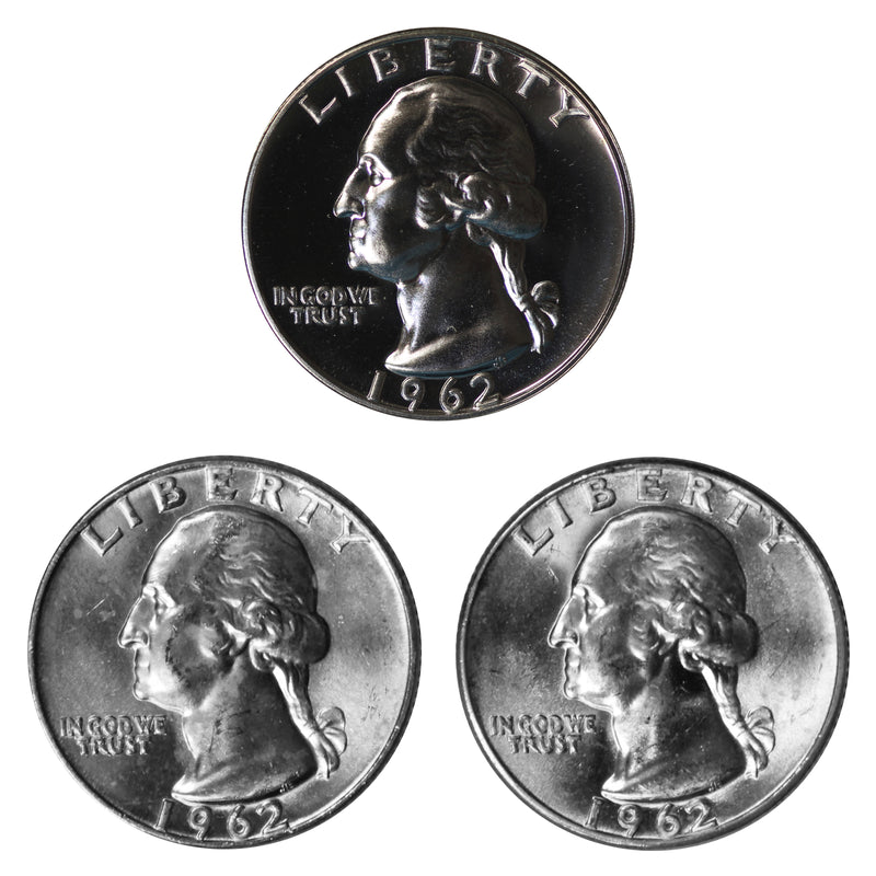 1962 P P D Washington Quarter 25c Year set Proof & BU US 3 Coin lot