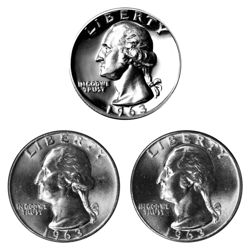 1963 P P D Washington Quarter 25c Year set Proof & BU US 3 Coin lot