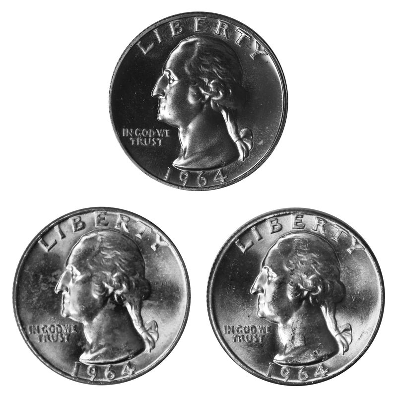 1964 P P D Washington Quarter 25c Year set Proof & BU US 3 Coin lot