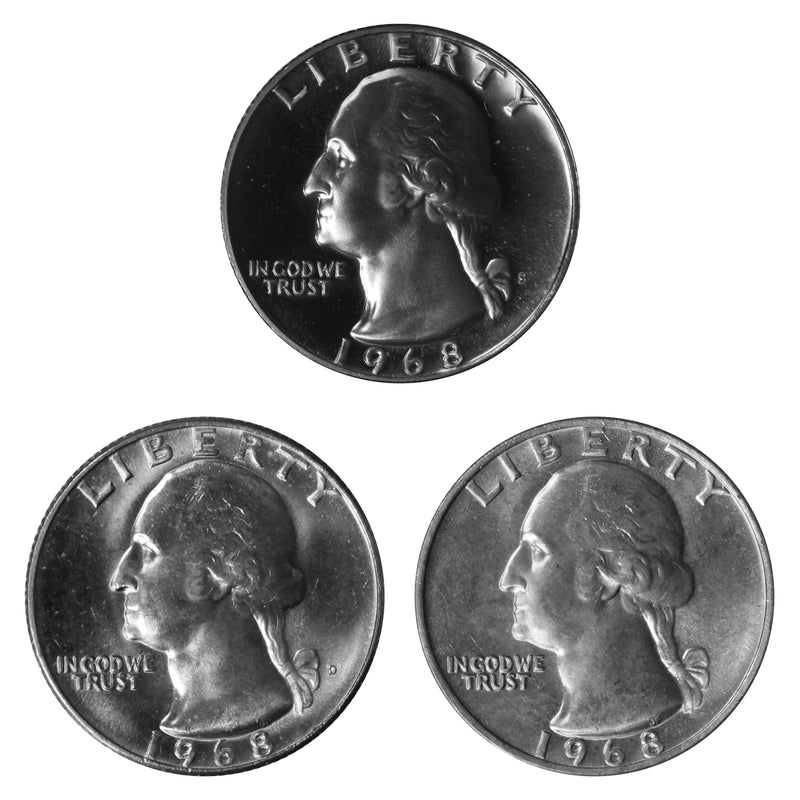 1968 P D S Washington Quarter 25c Year set Proof & BU US 3 Coin lot