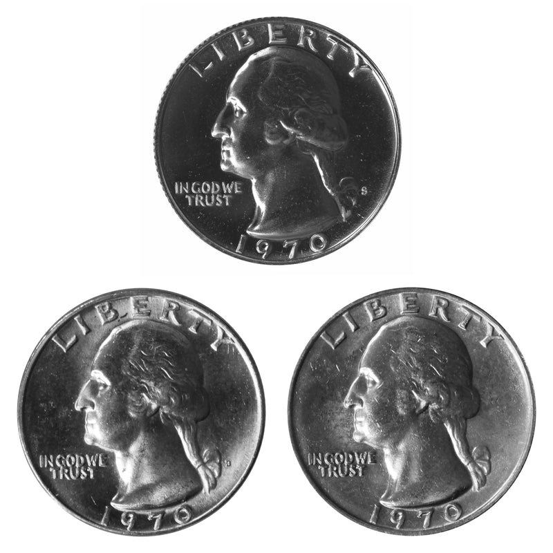1970 P D S Washington Quarter 25c Year set Proof & BU US 3 Coin lot