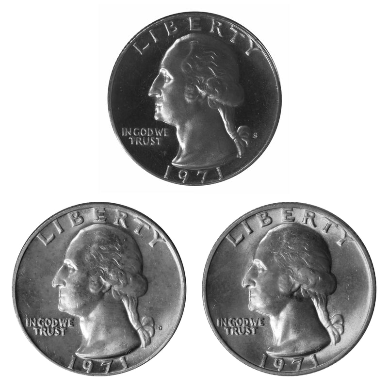 1971 P D S Washington Quarter 25c Year set Proof & BU US 3 Coin lot
