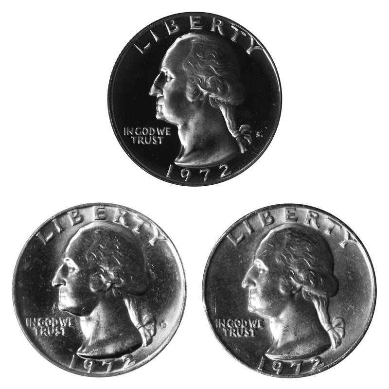 1972 P D S Washington Quarter 25c Year set Proof & BU US 3 Coin lot