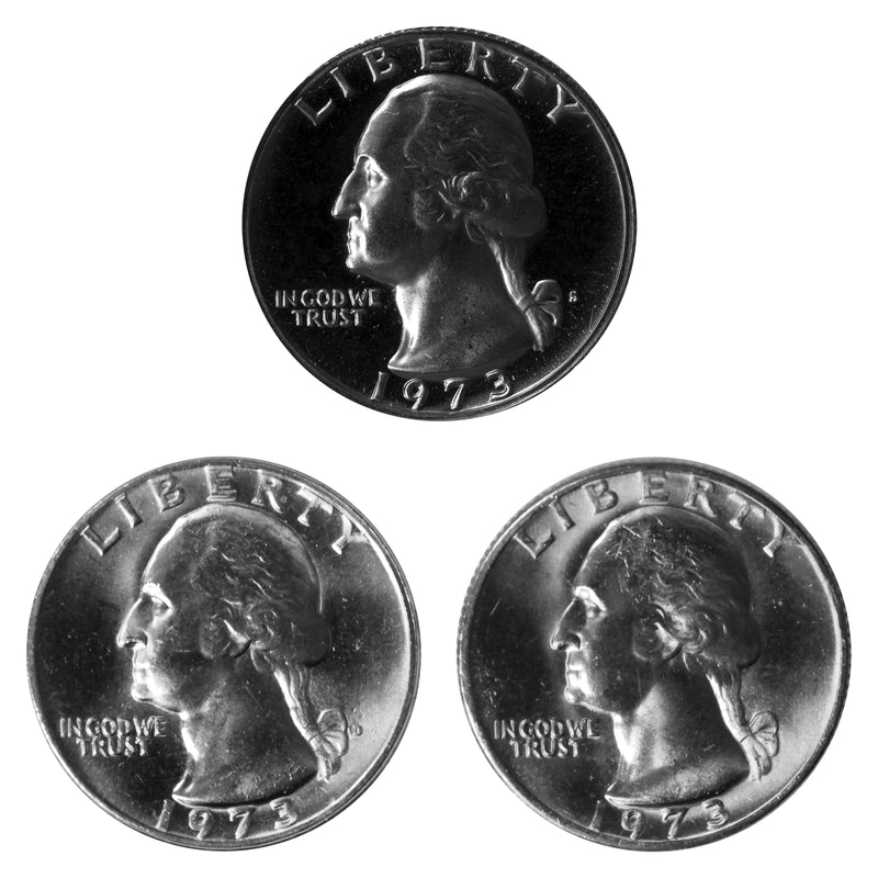 1973 P D S Washington Quarter 25c Year set Proof & BU US 3 Coin lot