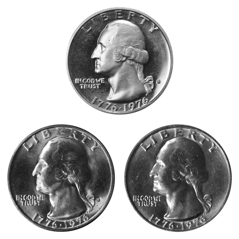 1976 P D S Washington Quarter 25c Year set Proof & BU US 3 Coin lot
