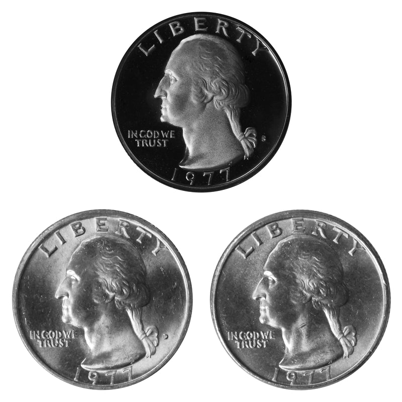 1977 P D S Washington Quarter 25c Year set Proof & BU US 3 Coin lot