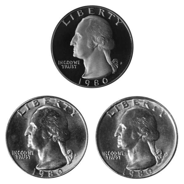 1980 P D S Washington Quarter 25c Year set Proof & BU US 3 Coin lot