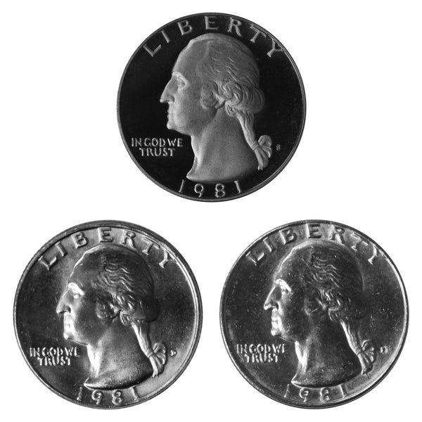 1981 P D S Washington Quarter 25c Year set Proof & BU US 3 Coin lot