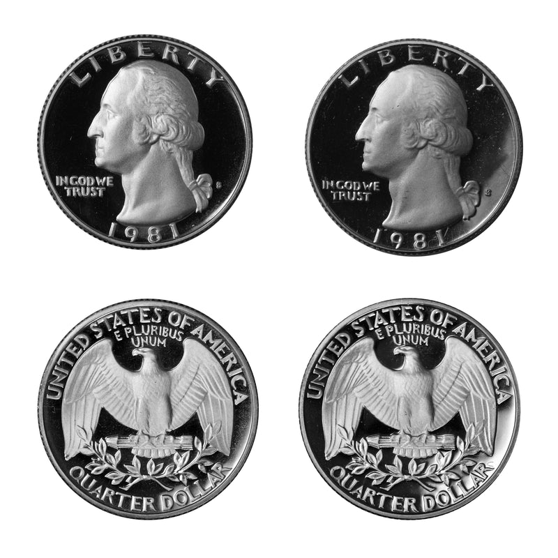 1981 S Washington Quarter Choice Cameo Proof 2 Coin Set Type 1 & 2 CN-Clad