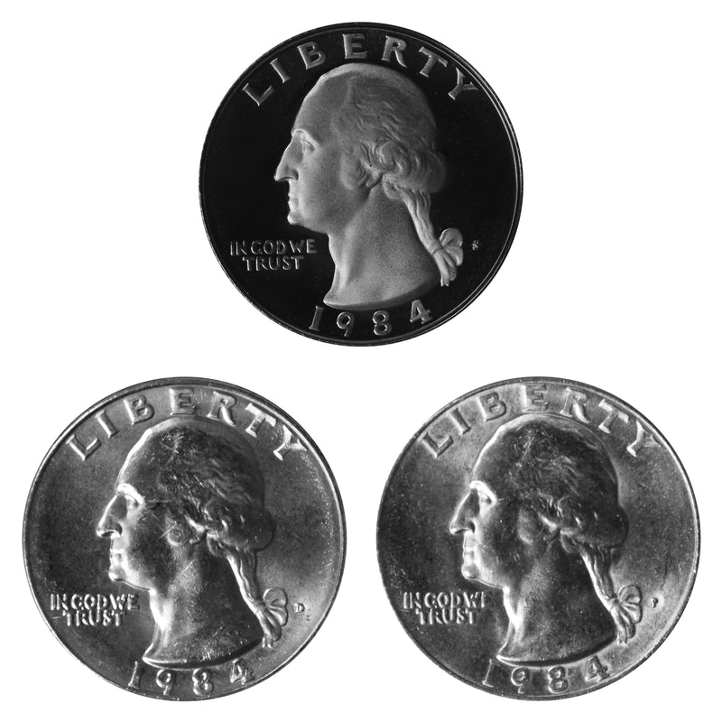 1984 P D S Washington Quarter 25c Year set Proof & BU US 3 Coin lot