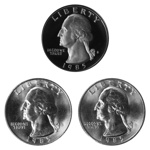 1985 P D S Washington Quarter 25c Year set Proof & BU US 3 Coin lot