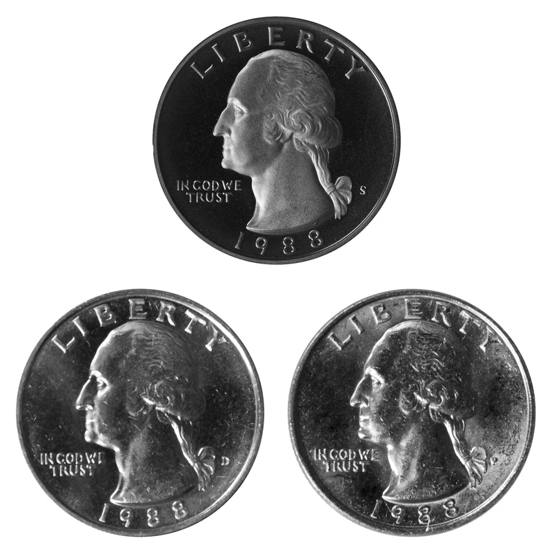 1988 P D S Washington Quarter 25c Year set Proof & BU US 3 Coin lot