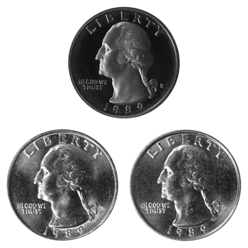 1989 P D S Washington Quarter 25c Year set Proof & BU US 3 Coin lot
