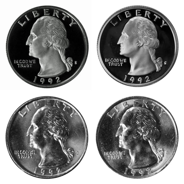 1992 P D S S Washington Quarter 25c Year set Proof & BU US 4 Coin lot
