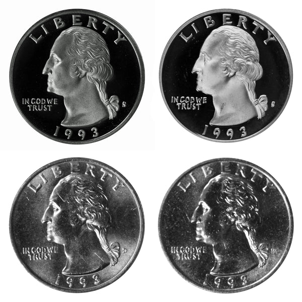 1993 P D S S Washington Quarter 25c Year set Proof & BU US 4 Coin lot