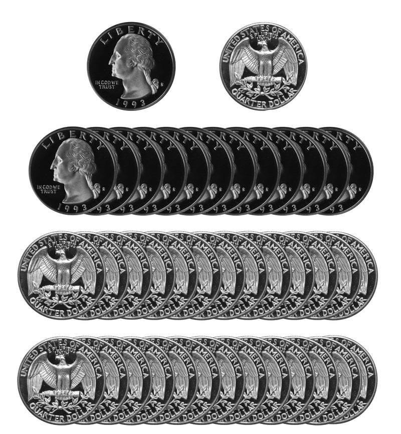1993 S Washington Quarter Gem Deep Cameo Proof Roll 90% Silver (40 Coins)