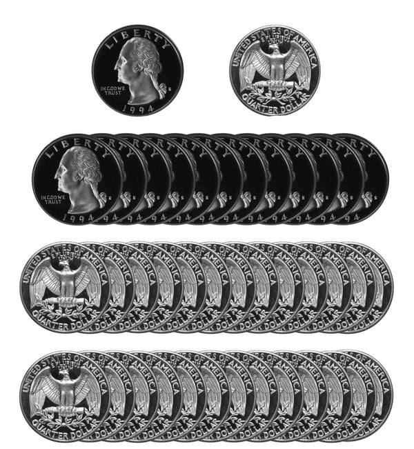 1994 S Washington Quarter Gem Deep Cameo Proof Roll 90% Silver (40 Coins)