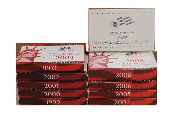 1999-2008 S Proof Set Run 90% Silver 10 Sets 109 Coins